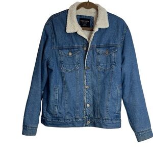 Sunrise Kingdom Mens M Unisex Trucker Jacket Blue Denim Ivory Sherpa Bomber Jean